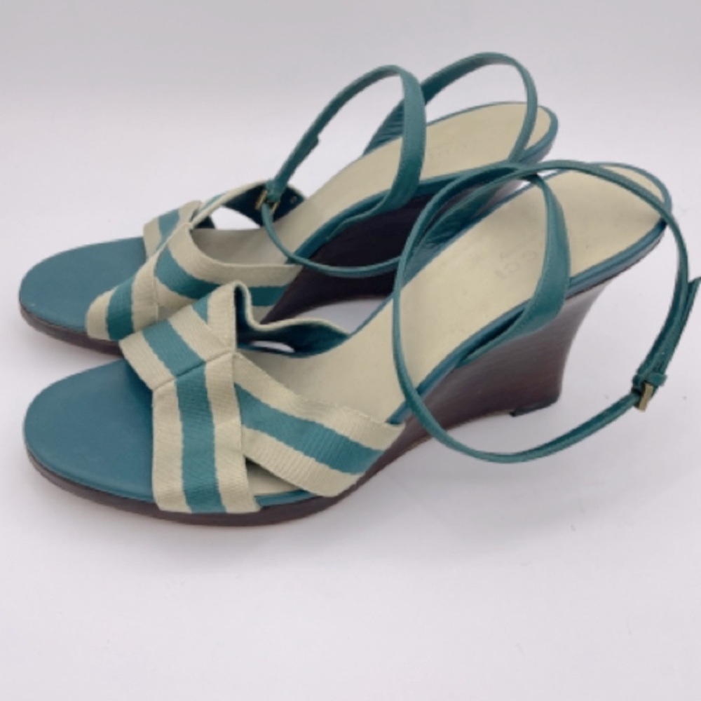 Gucci teal&beige stripe wedges w wooden heel sz 38